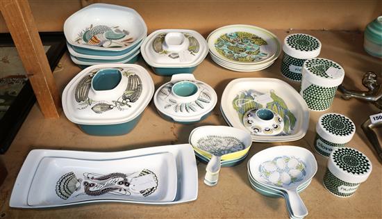 Collection of Poole Pottery Lucullus and other table wares, a set of map plates and a set of storage jars